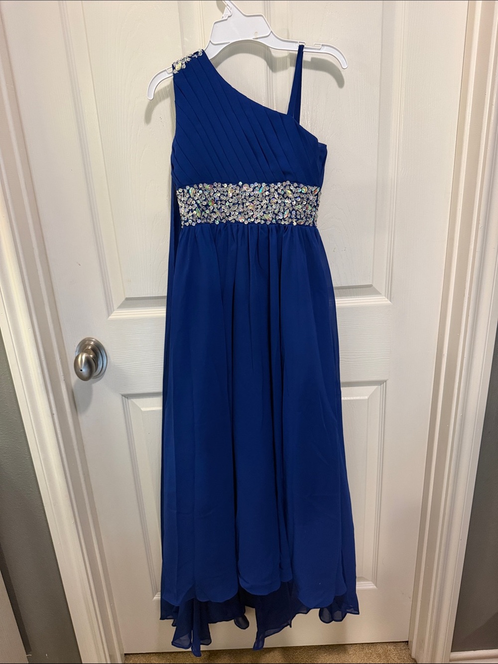 Girls Royal Blue One-Shoulder Beaded Waist Dress